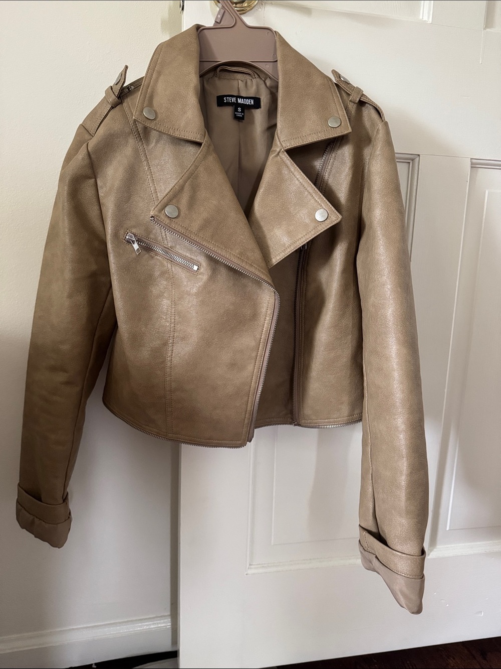 Steve Madden Women's Taupe Faux-Leather Moto Jacket